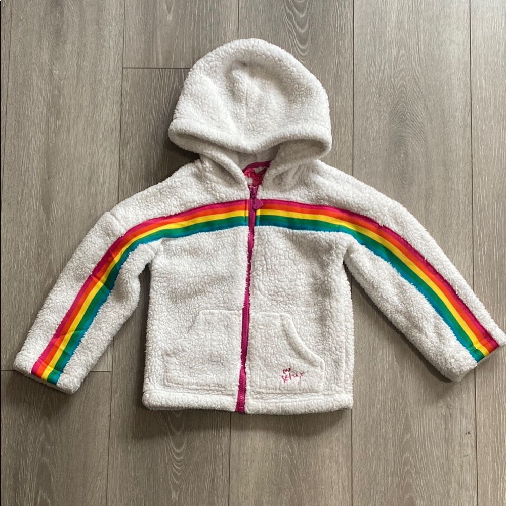 Betsey Johnson Fuzzy Jacket Zip Up Sherpa White Kids Hoodie Sz 6 Rainbow Stripes